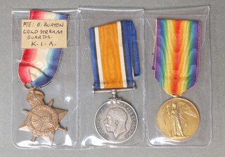 A posthumous group of of 3 medals comprising 1914-15 Star, British War medal and Victory medal to 13533 Private G Burton Grenadier Guards, killed in action 