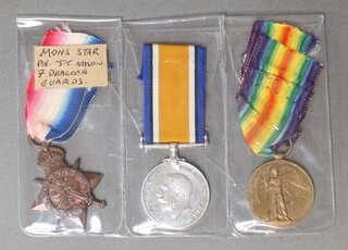 A group of 3 medals comprising 1914 Star (no bar), British War medal and Victory medal to D-20490 Private T J Mason 7th Dragoon Guards 