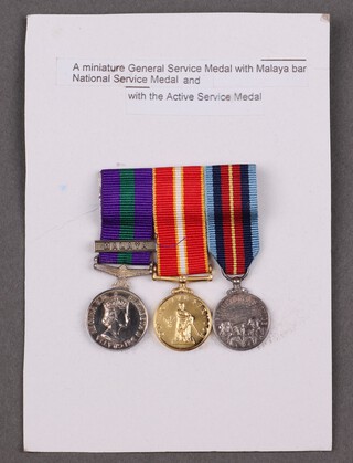 A group of of 3 miniature medals comprising Elizabeth II issue General Service Medal 1918-1962, 1 bar Malaya, Active Service medal and National Service medal, mounted for wear  