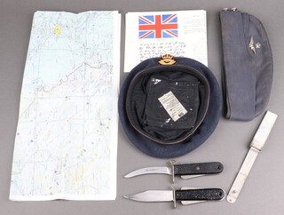 A Joseph Rogers RAF survival knife, blade marked 22C/1996 together with ditto with curved blade marked 22C/1278106, an RAF officer's beret, side cap, an escape and invasion map of Baghdad together with a blood chit 