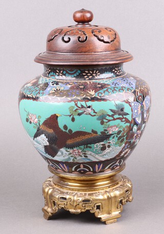 A Japanese cloisonne enamelled urn decorated birds in flight and an eagle, raised on a pierced gilt metal base and with pierced hardwood cover 34cm 