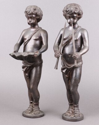 After the antique, two 20th Century bronze figures of a standing Pan and a boy with scallop dish 41cm 