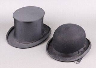 Bennetts of London, a gentleman's folding opera hat together with a Tress & Co ladies black riding bowler hat size 7