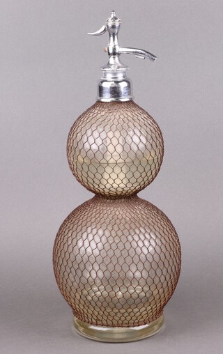 A 19th Century  glass double gourd soda siphon together with a box containing a funnel marked Seltzogene Powders  