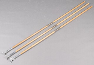 Masonic, 2 Deacons turned oak wands with silver plated heads together with a Director of Ceremonies wand 