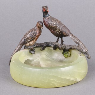 An Art Deco Austrian cold painted bronze and onyx ashtray decorated a standing hen and cock pheasant 10cm 