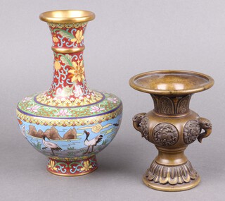 A Japanese bronze twin handled urn with round decoration, the base with 6 character mark 13cm together with a Chinese cloisonne enamelled vase decorated standing birds 19cm 