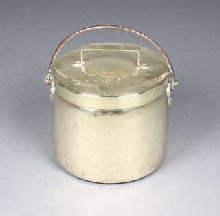 A 19th Century polished brass cooking pot/coal bin with lid and  polished steel handle 29cm 
