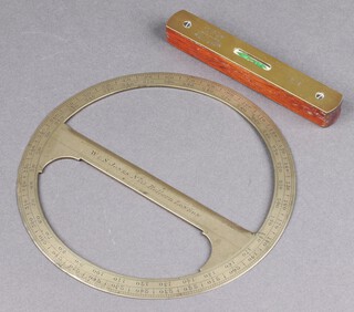 W & S Jones, 135 Holburn London, a brass surveying or navigation protractor 20cm, together with a Hockley Abbey brass spirit level no.621 
