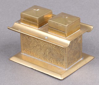A Chinese 19th Century brass twin section ink well 6cm h x 8cm w x 6cm d  