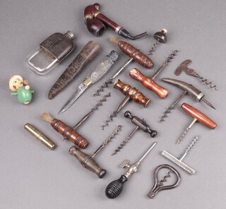 MT & S Lloyd Tools, a sheath knife with criss cross wooden grip, a 19th Century champagne spicket, a 19th Century polished steel folding corkscrew and 9 other corkscrews etc  