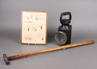 Of railway interest, a presentation Wheel Tappers hammer, with plaque "Presented on 15.3.63 to P J Butcher from I.C.I Fibres Division" together with a British Railways hand lantern and a framed cartoon "The Redundant Wheel Tapper" 