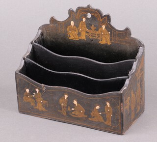 A 19th Century black lacquered chinoiserie style 3 section stationery rack decorated figures 15cm h x 17cm x 7cm d 