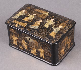 A 19th Century chinoiserie black lacquered trinket box with hinged lid decorated figures 8cm x 15cm x 10cm 