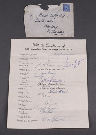 Of cricketing interest, a team sheet printed cricketers names with 16 signatures "With the compliments of the 20th Australian Team to Great Britain 1948" including Don Bradman, (missing Toshack, Morris and Hassett) 