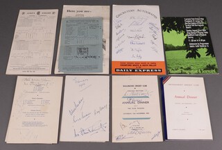 Of cricket interest, a collection of autographed annual dinner programmes from the 1950's and 60's, of note a signed photograph of Don Bradman and his wife together with a collection of autographs of other noted cricket plates 