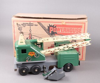 Marx Toys, a pressed steel power house mobile crane truck no.2734 in original box, grey and green crab with cream crane 