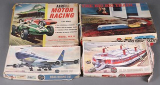 An Airfix motor racing set model M.R.11 (missing motor cars) boxed, together with a boxed Triang "The Big Big Train" set, an Airfix BOAC Boeing 747 and an Airfix SR.N4 Hovercraft 