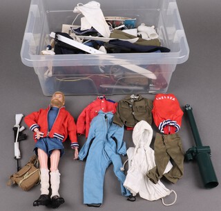 Action Man by Palitoy, a bearded Action Man together with outfits and pamphlets to include Chelsea FC jacket (x2), Chelsea FC outfit (x2), 2 pairs of sportsman blue tracksuits and a collection of military arctic, sailor etc 
