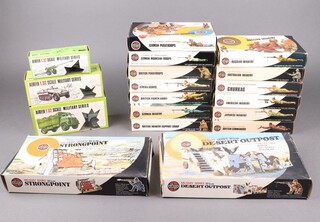 A large collection of Military Airfix models (not guaranteed complete) to include 31:32 scale military series models - 105mm gun, German half track Hanomag personnel carrier and a Bedford R.L. truck, 2 play sets to include Strong Point and Desert Outpost, together with a collection of 13 Troop sets including - German Mountain Troops, British Paratroopers, Afrika Korps, British 8th Army, German Infantry, British Infantry Support Group, British Commandos, Japanese Infantry, American Infantry, Ghurkas, Australian Infantry, Russian Infantry and German Paratroopers 