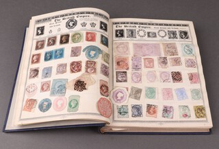 A Queens Postage stamp album including GB and British Empire including a Victoria Used 6d stamp, penny black, 3 penny reds, an Advantage pocket stamp album of GB and world stamps 