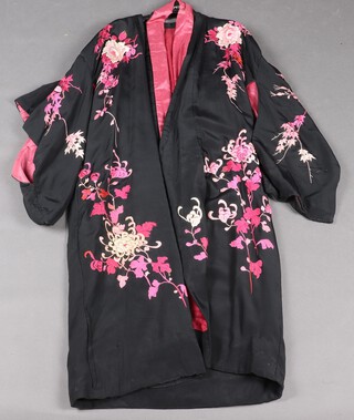A Japanese black silk and embroidered Kimono together with belt 