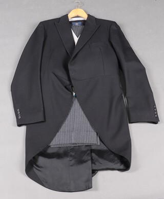 A Burton tail coat (approx 42 chest), a pair of Hector James  (machine washable) mourning trousers (approx 34-36 waist) together with  a grey waistcoat and a Burton blue and silver waistcoat 