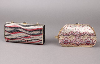 Judith Lieber, a rectangular black and gilt sequinned clutch bag 18cm x 8cm x 3cm containing 2 gilt combs and a hand mirror, together with a Judith Lieber arch shaped clutch bag containing a hand mirror, purse and comb, both with cloth outer bags 