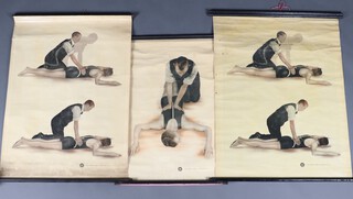 Three 1920's linen backed, St Johns Ambulance First Aid  instructional posters, depicting first aid to a swimmer comprising 2 copies of "Respiration 1" 92cm x 73cm and 1 copy of "Respiration 2" 84cm x 52cm