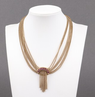 A gold marked 750, 6 strand bead link choker/necklace set 9 pink gems, 38cm, 77.2 grams 