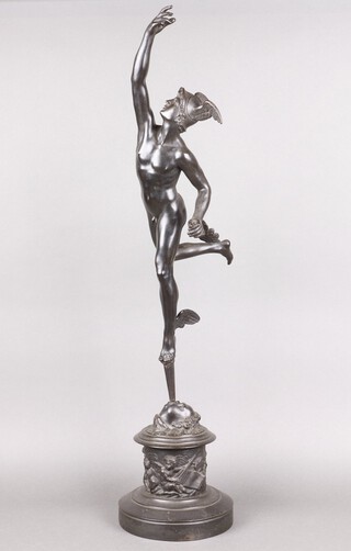 After Giambologan, a bronze figure of  The Flying Mercury, raised on a circular base 87cm 