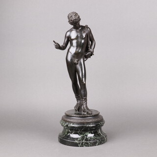 After the Antique, a bronze figure of Narcissus, on a green marble base, signature to base 