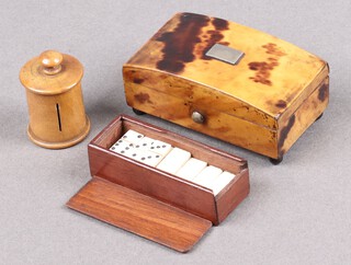 A Regency rectangular miniature dome shaped trinket box 3cm h x 6cm w x 4cm d on bun feet together with 26 miniature bone dominoes contained in a wooden box and a mauchline turned miniature trinket box decorated Dover Crescent 
