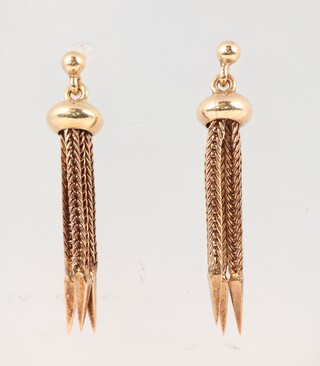 A pair of yellow metal drop earrings, 3.4g