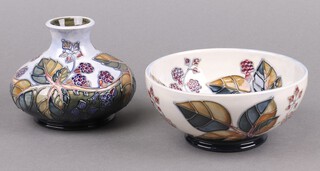 Sally Tuffin for Moorcroft, a Bramble pattern squat shaped vase 10cm, together with a bowl 15cm 