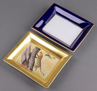 A Limoges porcelain ashtray decorated a Cheetah 19cm x 16cm and a blue and gilt ditto 19cm x 16cm 