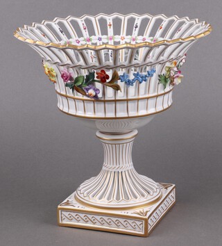 A Dresden ribbon ware pedestal bowl with floral decoration base marked Dresden and impressed E7022N 25cm 