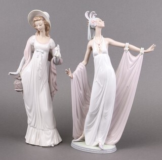 A Lladro porcelain figure, Grand Dame 1568, 34cm (thumb missing) and 1 other Dainty Lady 4934 35cm (fingers missing)