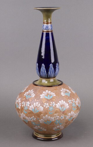 A Doulton Lambeth, Doulton & Slater brown and blue club shaped vase, the base impressed Doulton Lambeth 8960 39cm h 