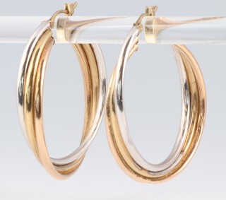 A pair of 3 colour gold marked 375 hoop earrings, 3.6g