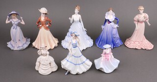 Eight Coalport figures - Happiness, Age of Elegance Society Reception, Regents Park, Ladies of Fashion Joan, Anne, Sentiments Special Celebration, The Garden Party and Penny 