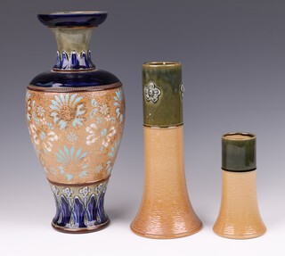 A Royal Doulton blue and green salt glazed vase, the base drilled for a lamp 34cm, a ditto brown and green glazed vase 7341 25cm (glued) and 1 other 7389 15cm 