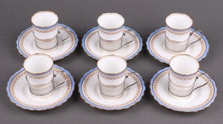 An Aynsley 12 piece coffee service with silver holders, bases marked B452,  6 cups, 6 saucers (4 cups and 3 saucers ring flat) 