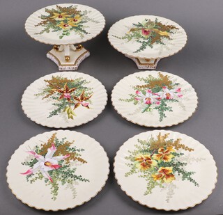 A Bodley 6 piece yellow glazed dessert service with floral decoration comprising 2 comports, bases marked 54561 and 4 plates 