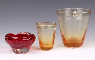 A Whitefriars mid-century controlled bubble amber glass vase 17cm (some marks to base), 1 other 12cm and a Whitefriars ruby glass bowl/ashtray 7cm 
