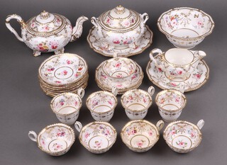 A 19th Century 25 piece Derby style tea service with rose decoration, comprising teapot (cracked and riveted), circular plate, lidded twin handled sugar bowl, cream jug (rings flat), slop bowl, plate, 4 tall cups (3 ring flat), 7 saucers (1 rings flat, 1 chipped), 5 shallow cups (3 ring flat, 1 chipped), 3 saucers, bases numbered 4057