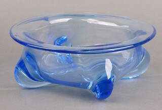 A Murano style circular blue glass bowl on shaped supports 23cm 
