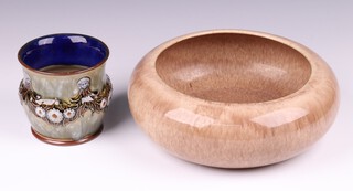 A Royal Doulton blue and green glazed jardiniere with swag decoration, the base with impressed mark 376Y 11cm, together with a brown glazed Doulton Lambeth bowl 24cm 
