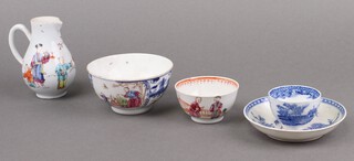 An 18th Century Chinese export porcelain jug with sparrow beak, decorated figures 11cm, a Chinese export porcelain bowl decorated figures in a garden 10cm , a Chinese tea bowl 8cm (chip to rim) and  a blue and white saucer and tea bowl 
