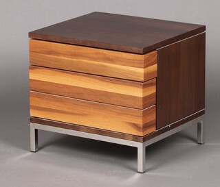 A mid-century teak and chrome finished 2 drawer bedside chest 43cm h x 47cm w x 42cm d  